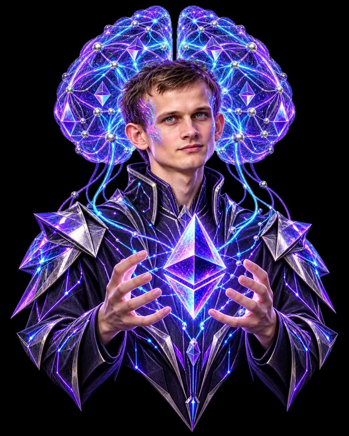 The Superintelligent Vitalik figure in crystalline armor, holding a glowing Ethereum crystal, with a neural network of light behind him.