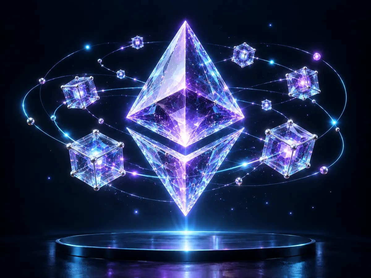 A faceted Ethereum crystal surrounded by connected blocks.
