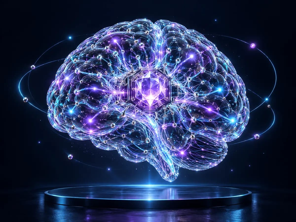A luminous neural brain with a crystalline computing core, used as the portrait of the project’s imagined intelligence.